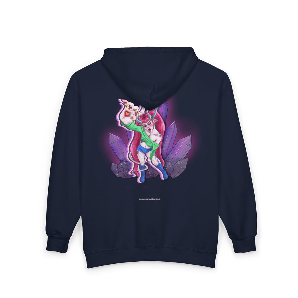 Heart Thief Zip Hoodie in Navy, back view with the large illustrated print. Digital product mockup.