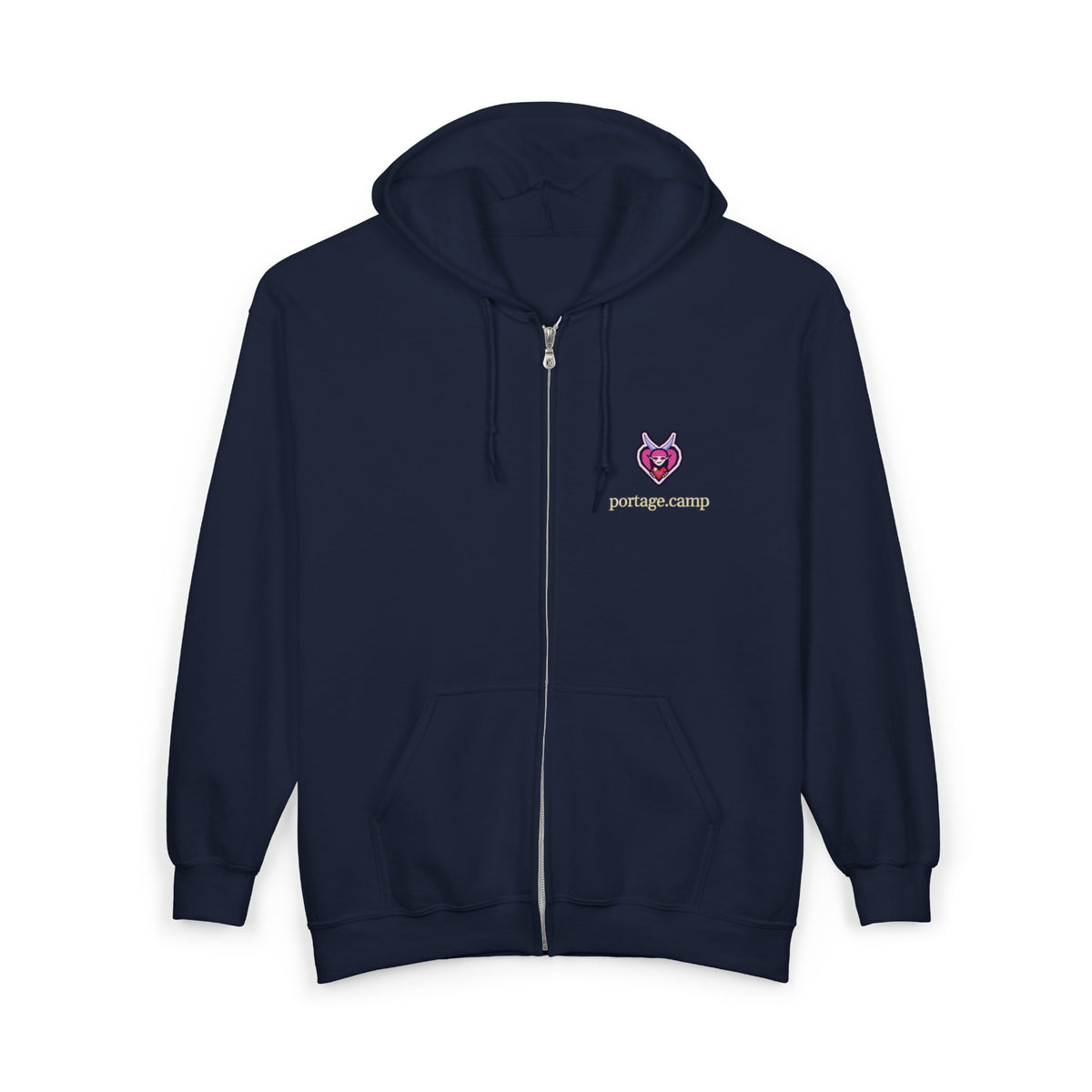 Heart Thief Zip Hoodie in Navy, front view with the Heart Thief logo and portage.camp on the left chest. Digital product mockup.