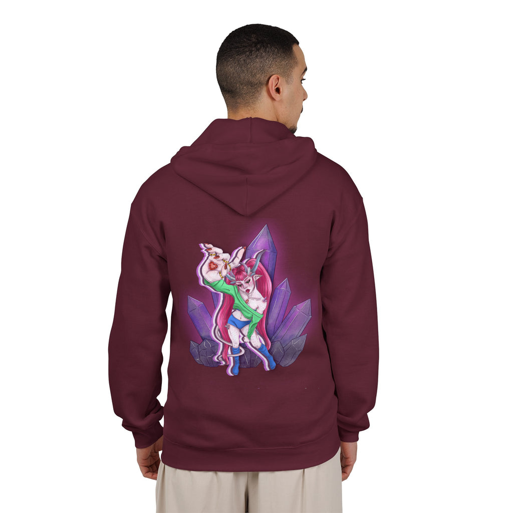 Heart Thief Zip Hoodie in Maroon, worn by a man seen from behind in a plain white studio, showing the large print on the back. Digital product mockup.