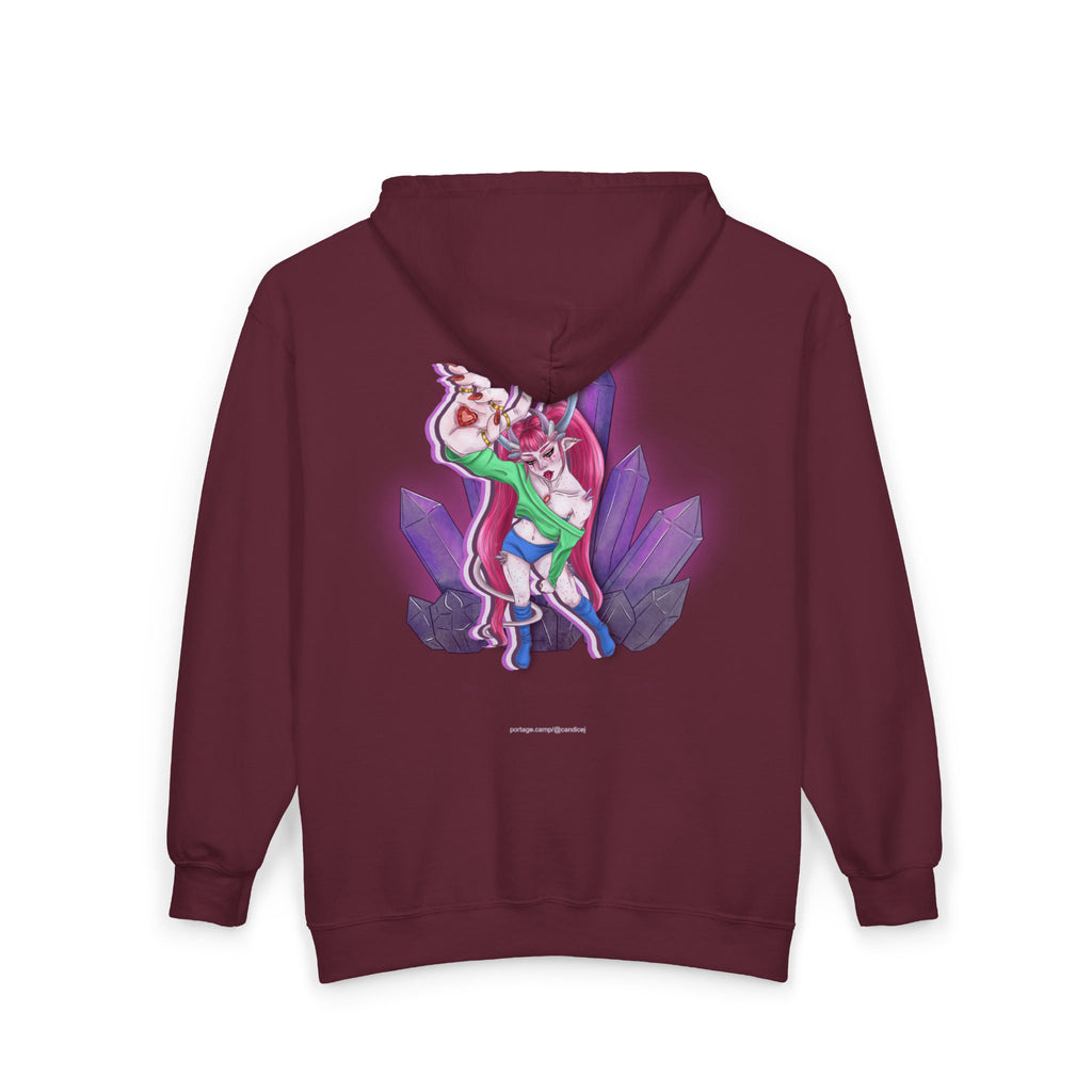 Heart Thief Zip Hoodie in Maroon, back view with the large illustrated print. Digital product mockup.