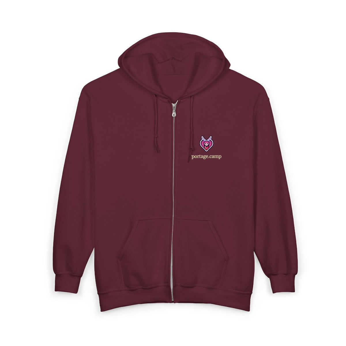 Heart Thief Zip Hoodie in Maroon, front view with the Heart Thief logo and portage.camp on the left chest. Digital product mockup.