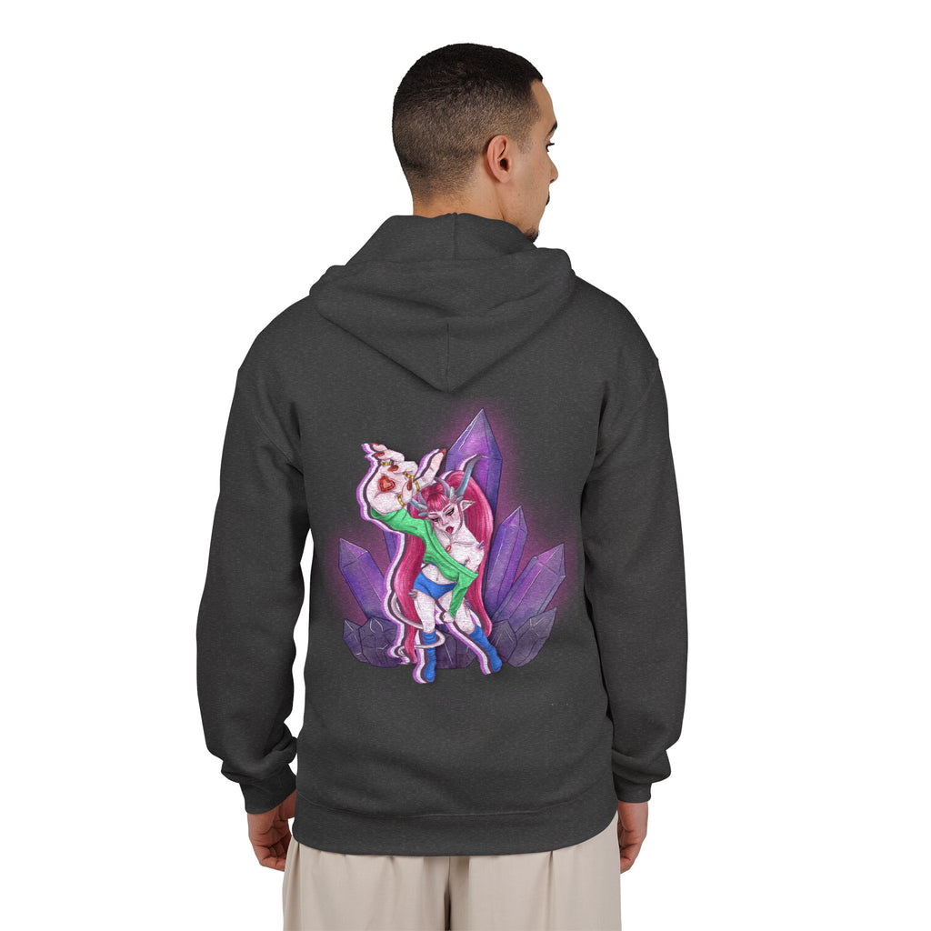 Heart Thief Zip Hoodie in Dark Heather, worn by a man seen from behind in a plain white studio, showing the large print on the back. Digital product mockup.