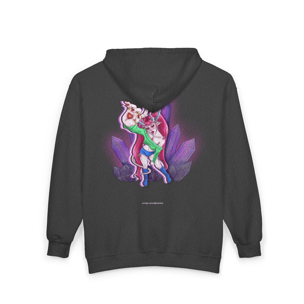Heart Thief Zip Hoodie in Dark Heather, back view with the large illustrated print. Digital product mockup.