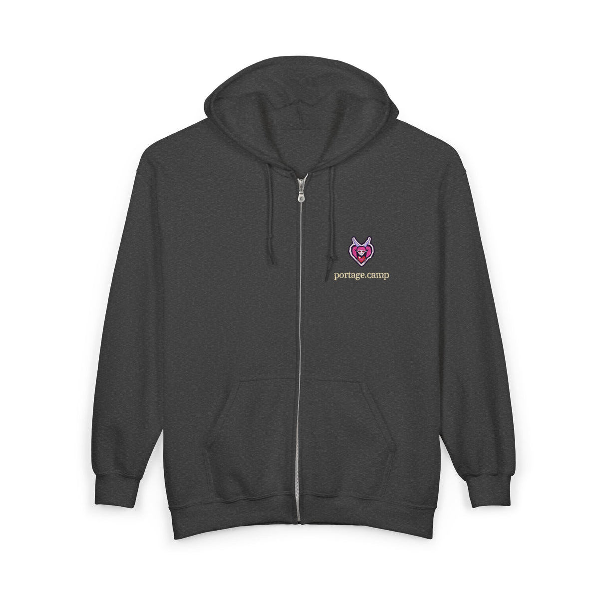 Heart Thief Zip Hoodie in Dark Heather, front view with the Heart Thief logo and portage.camp on the left chest. Digital product mockup.
