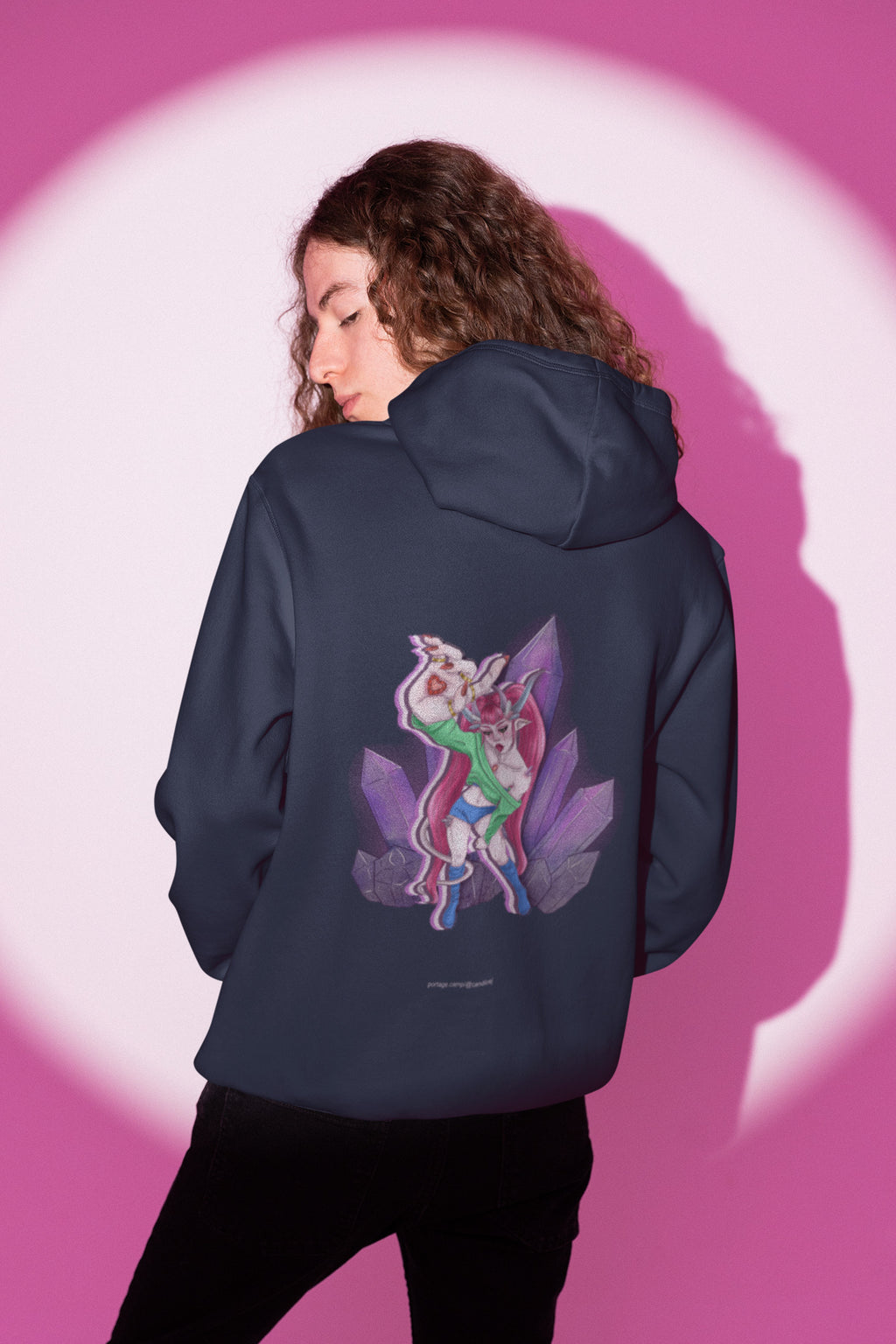 Heart Thief Zip Hoodie in Navy, worn by a man seen from behind in a studio under pink light, showing the large print on the back. Digital product mockup.