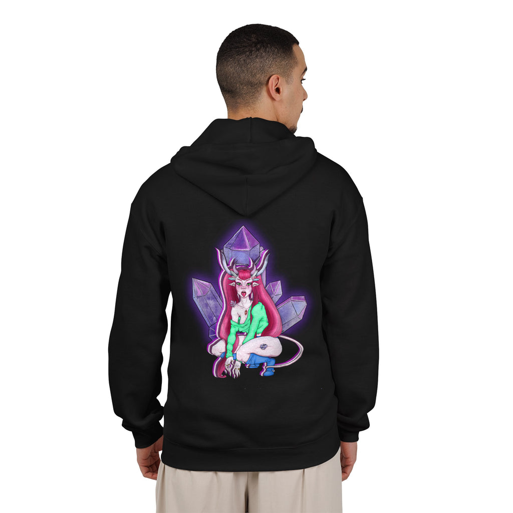 Amethyst After Hours Zip Hoodie in Black, worn by a man seen from behind in a plain white studio, showing the large print on the back. Digital product mockup.