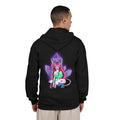 Amethyst After Hours Zip Hoodie in Black, worn by a man seen from behind in a plain white studio, showing the large print on the back. Digital product mockup.