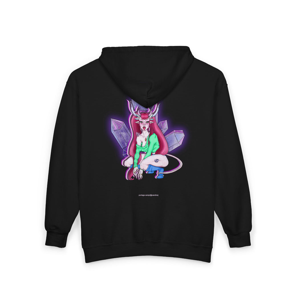 Amethyst After Hours Zip Hoodie in Black, back view with the large illustrated print. Digital product mockup.