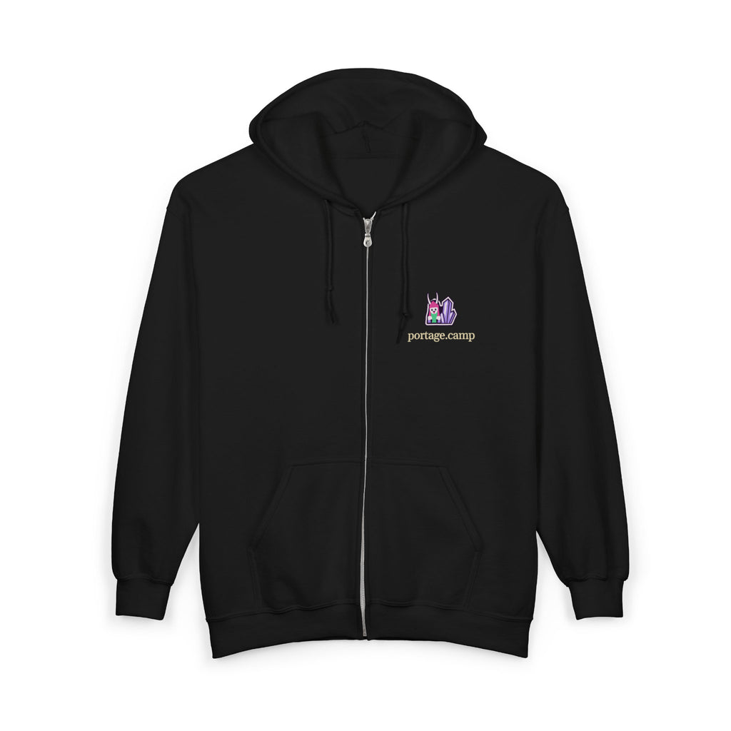 Amethyst After Hours Zip Hoodie in Black, front view with the Amethyst After Hours logo and portage.camp on the left chest. Digital product mockup.