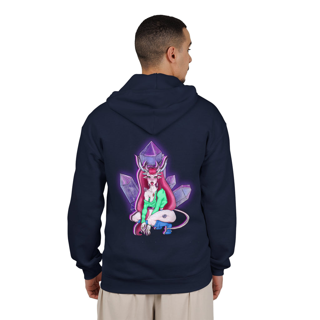 Amethyst After Hours Zip Hoodie in Navy, worn by a man seen from behind in a plain white studio, showing the large print on the back. Digital product mockup.