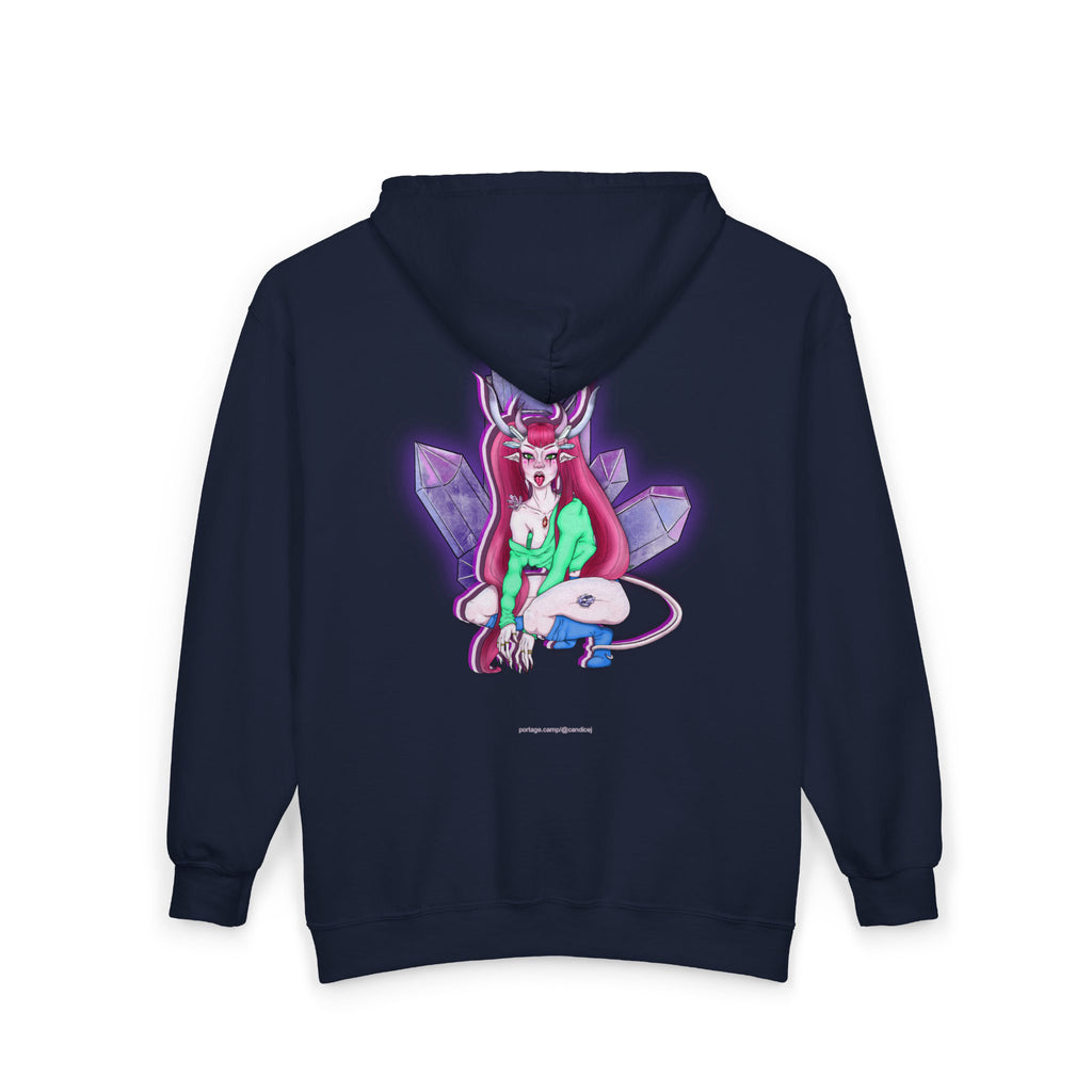 Amethyst After Hours Zip Hoodie in Navy, back view with the large illustrated print. Digital product mockup.