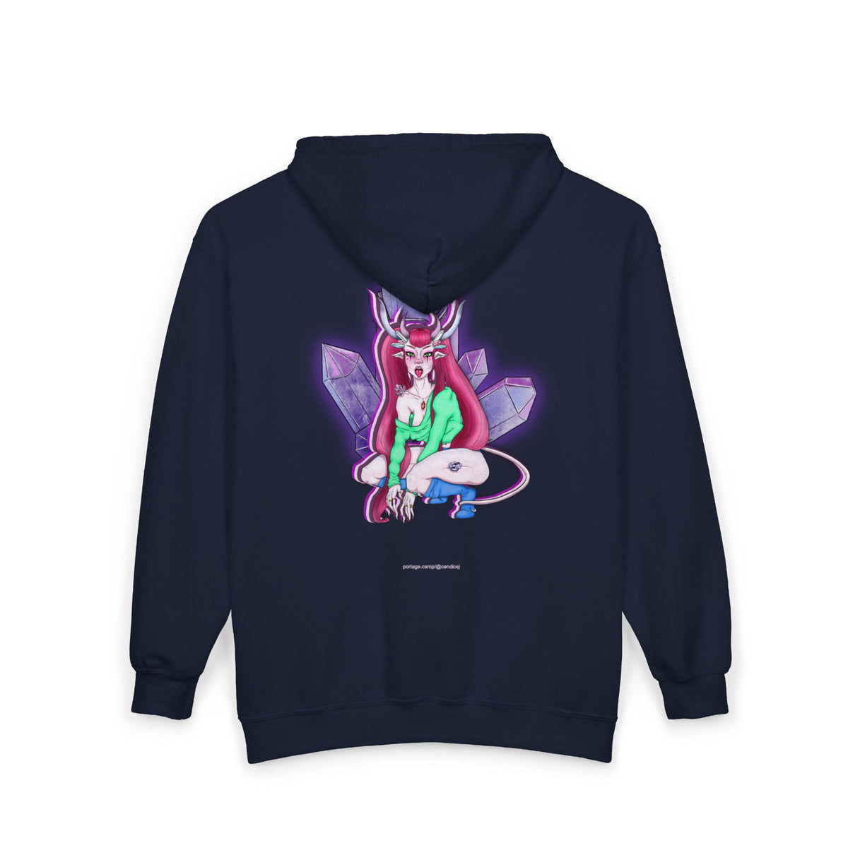 Amethyst After Hours Zip Hoodie in Navy, back view with the large illustrated print. Digital product mockup.