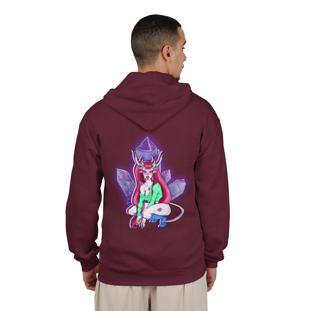 Amethyst After Hours Zip Hoodie in Maroon, worn by a man seen from behind in a plain white studio, showing the large print on the back. Digital product mockup.