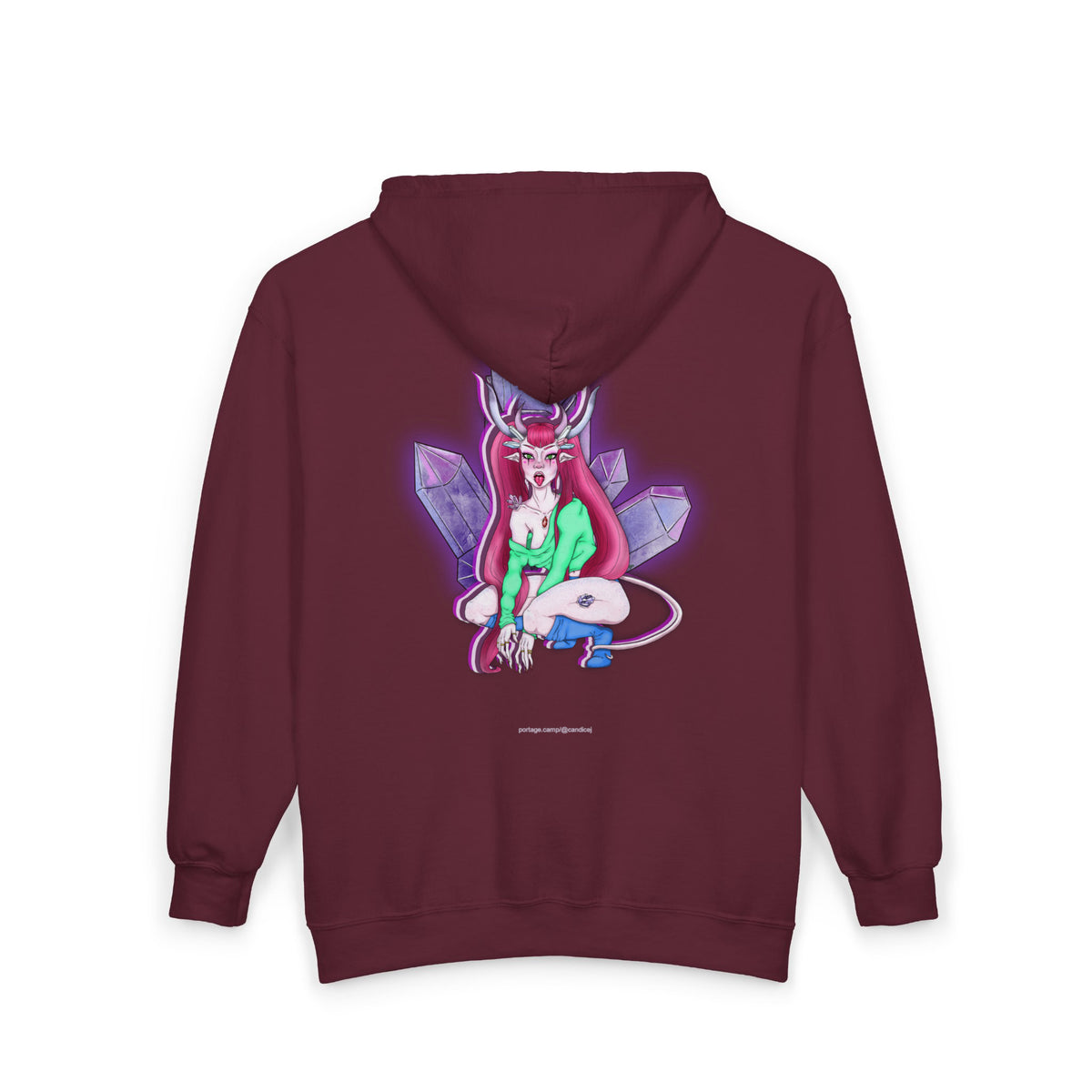 Amethyst After Hours Zip Hoodie in Maroon, back view with the large illustrated print. Digital product mockup.