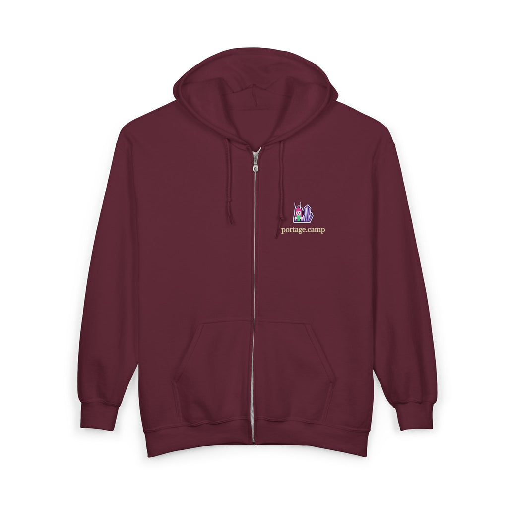 Amethyst After Hours Zip Hoodie in Maroon, front view with the Amethyst After Hours logo and portage.camp on the left chest. Digital product mockup.