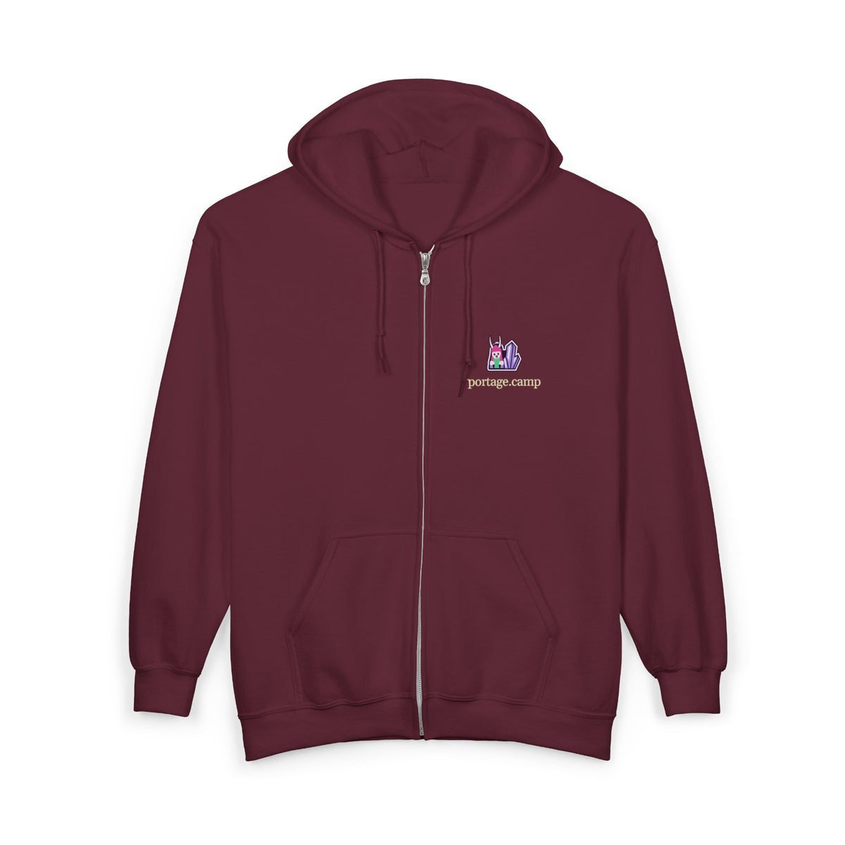 Amethyst After Hours Zip Hoodie in Maroon, front view with the Amethyst After Hours logo and portage.camp on the left chest. Digital product mockup.