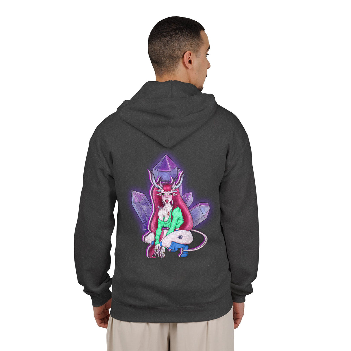 Amethyst After Hours Zip Hoodie in Dark Heather, worn by a man seen from behind in a plain white studio, showing the large print on the back. Digital product mockup.