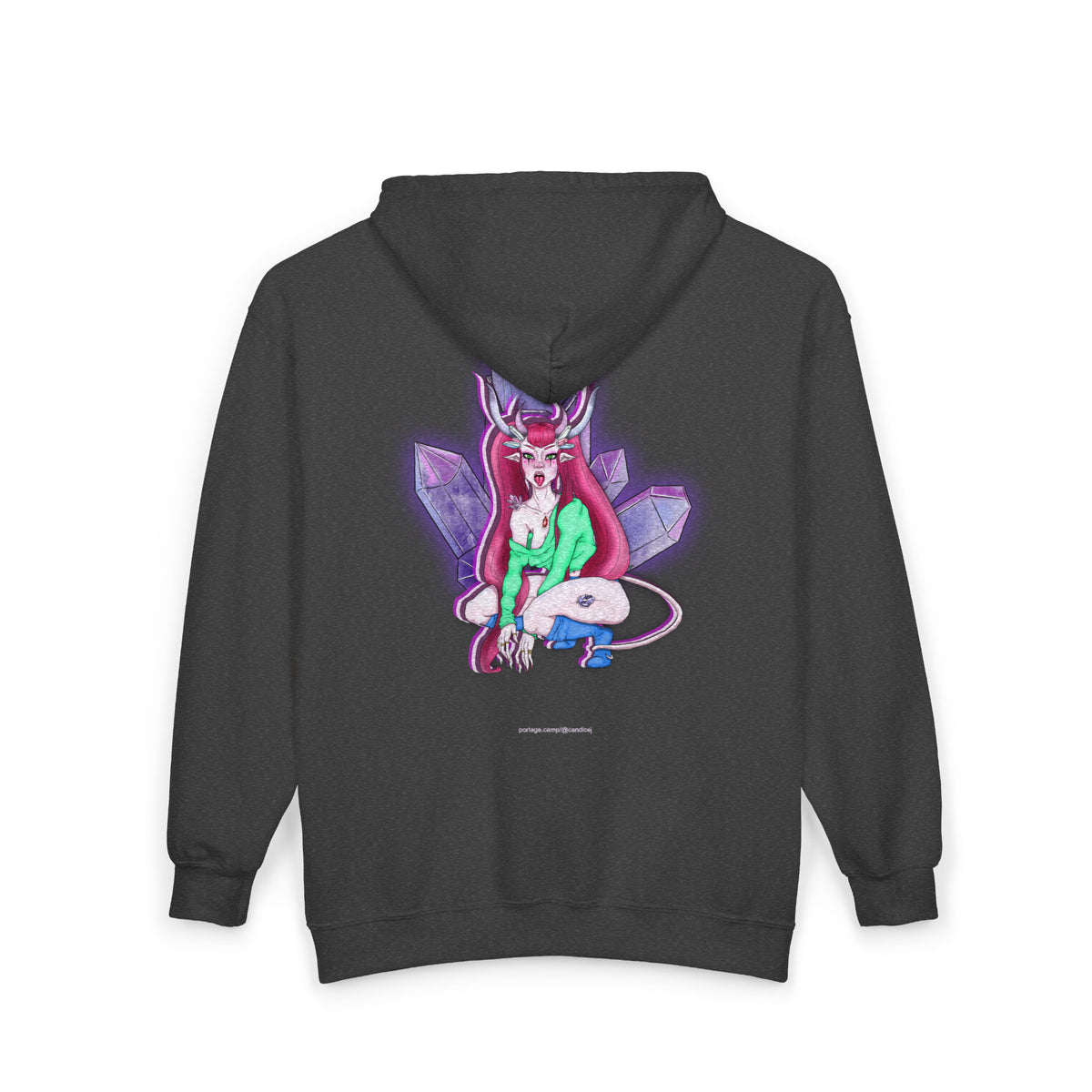 Amethyst After Hours Zip Hoodie in Dark Heather, back view with the large illustrated print. Digital product mockup.