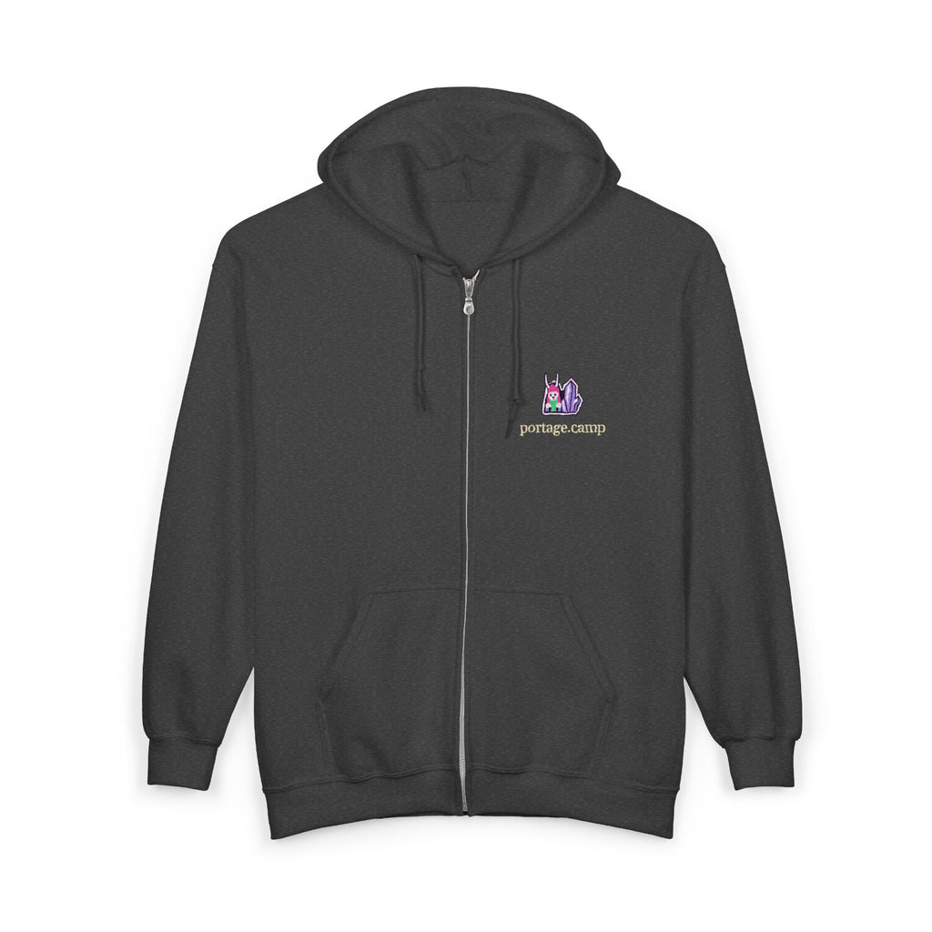 Amethyst After Hours Zip Hoodie in Dark Heather, front view with the Amethyst After Hours logo and portage.camp on the left chest. Digital product mockup.