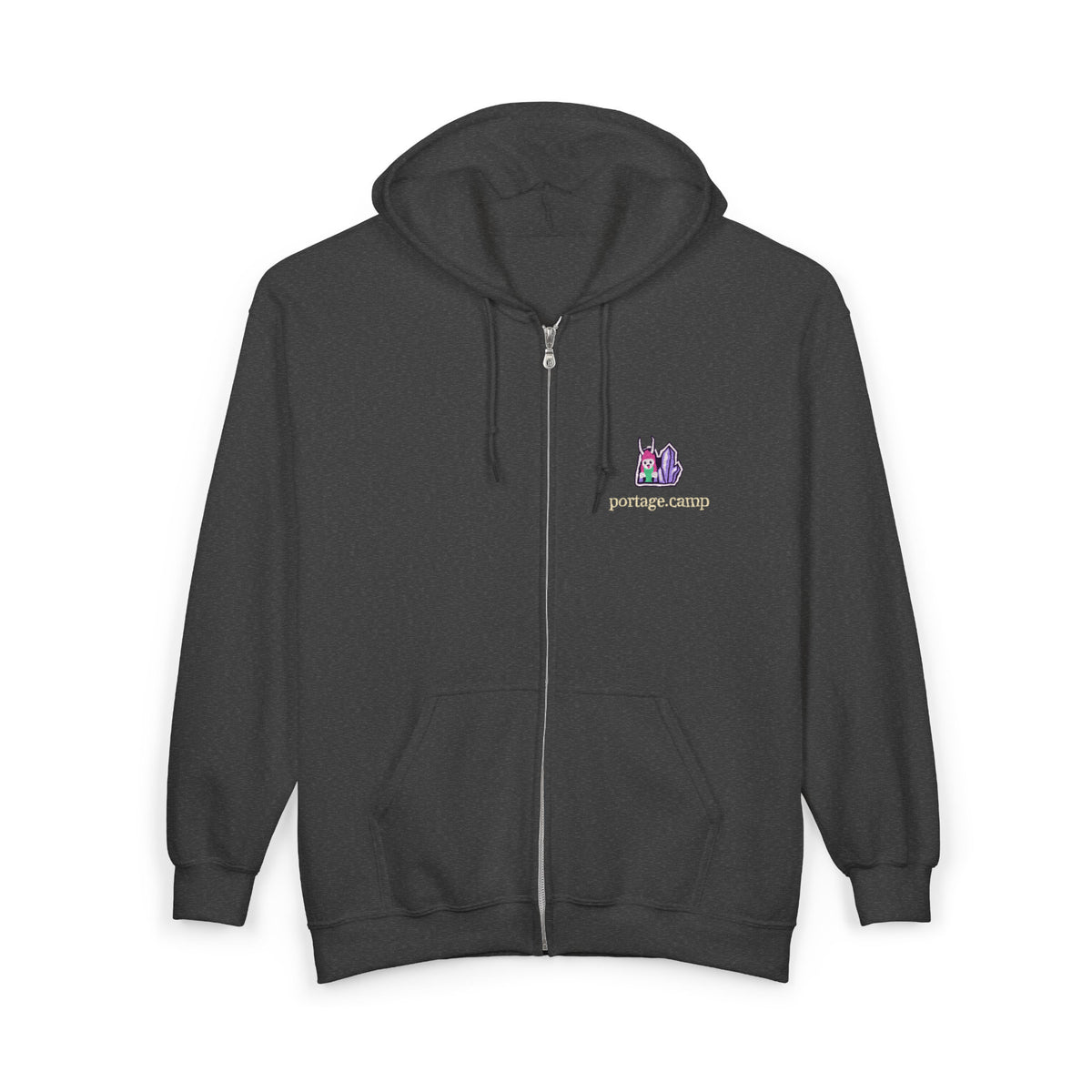 Amethyst After Hours Zip Hoodie in Dark Heather, front view with the Amethyst After Hours logo and portage.camp on the left chest. Digital product mockup.