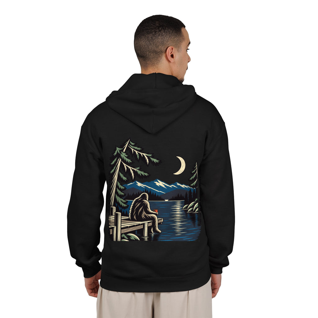 Quiet Hours Zip Hoodie in Black, worn by a man seen from behind in a plain white studio, showing the large print on the back. Digital product mockup.