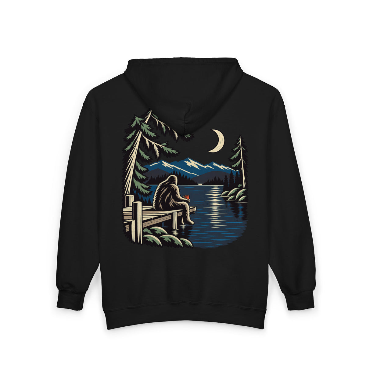 Quiet Hours Zip Hoodie in Black, back view with the large illustrated print. Digital product mockup.
