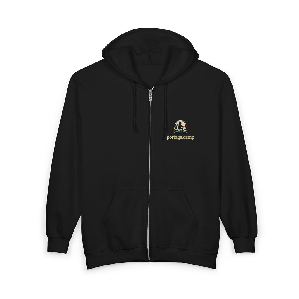 Quiet Hours Zip Hoodie in Black, front view with the Quiet Hours logo and portage.camp on the left chest. Digital product mockup.