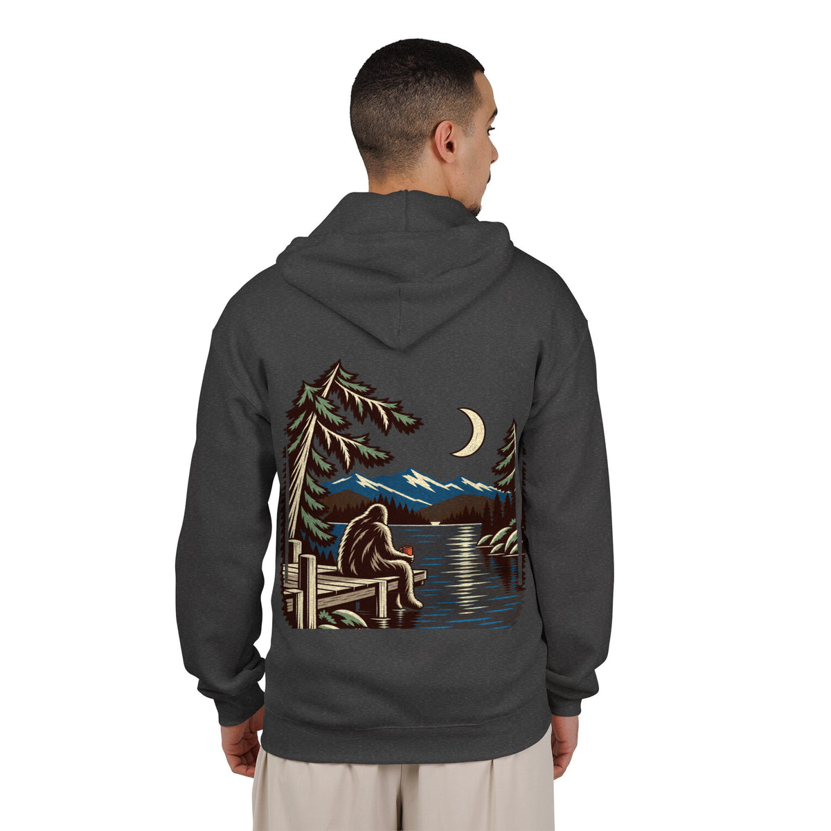 Quiet Hours Zip Hoodie in Dark Heather, worn by a man seen from behind in a plain white studio, showing the large print on the back. Digital product mockup.