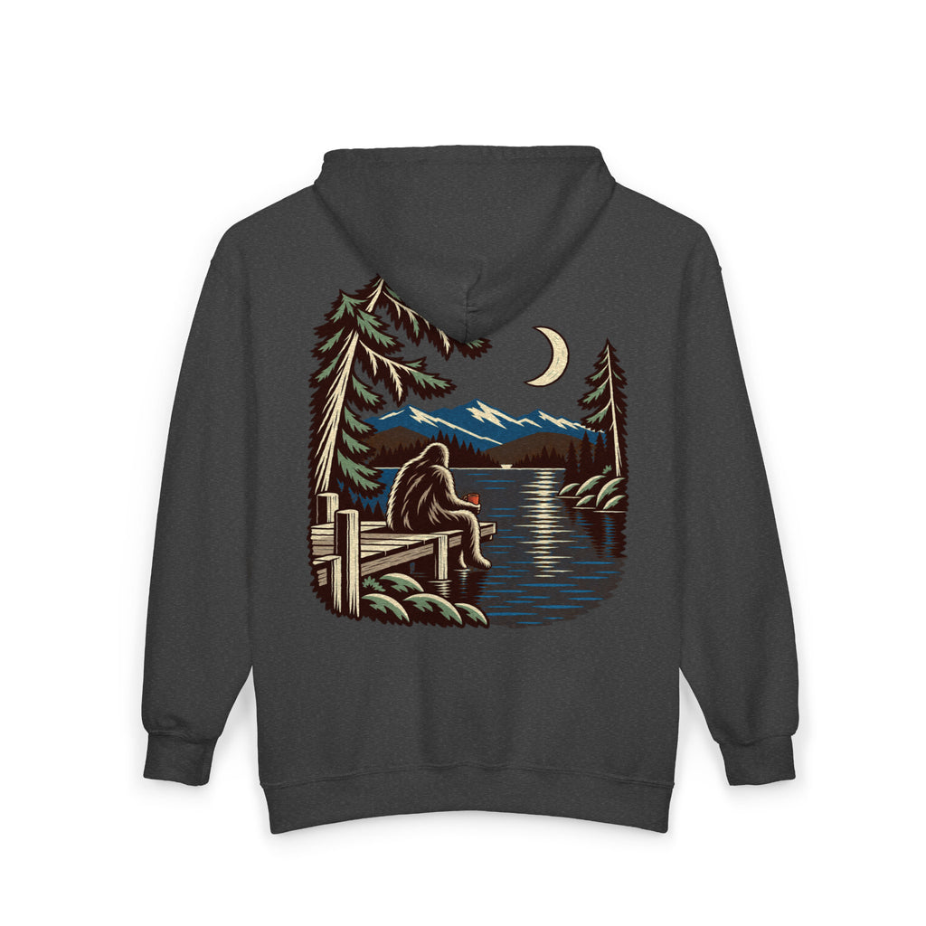 Quiet Hours Zip Hoodie in Dark Heather, back view with the large illustrated print. Digital product mockup.