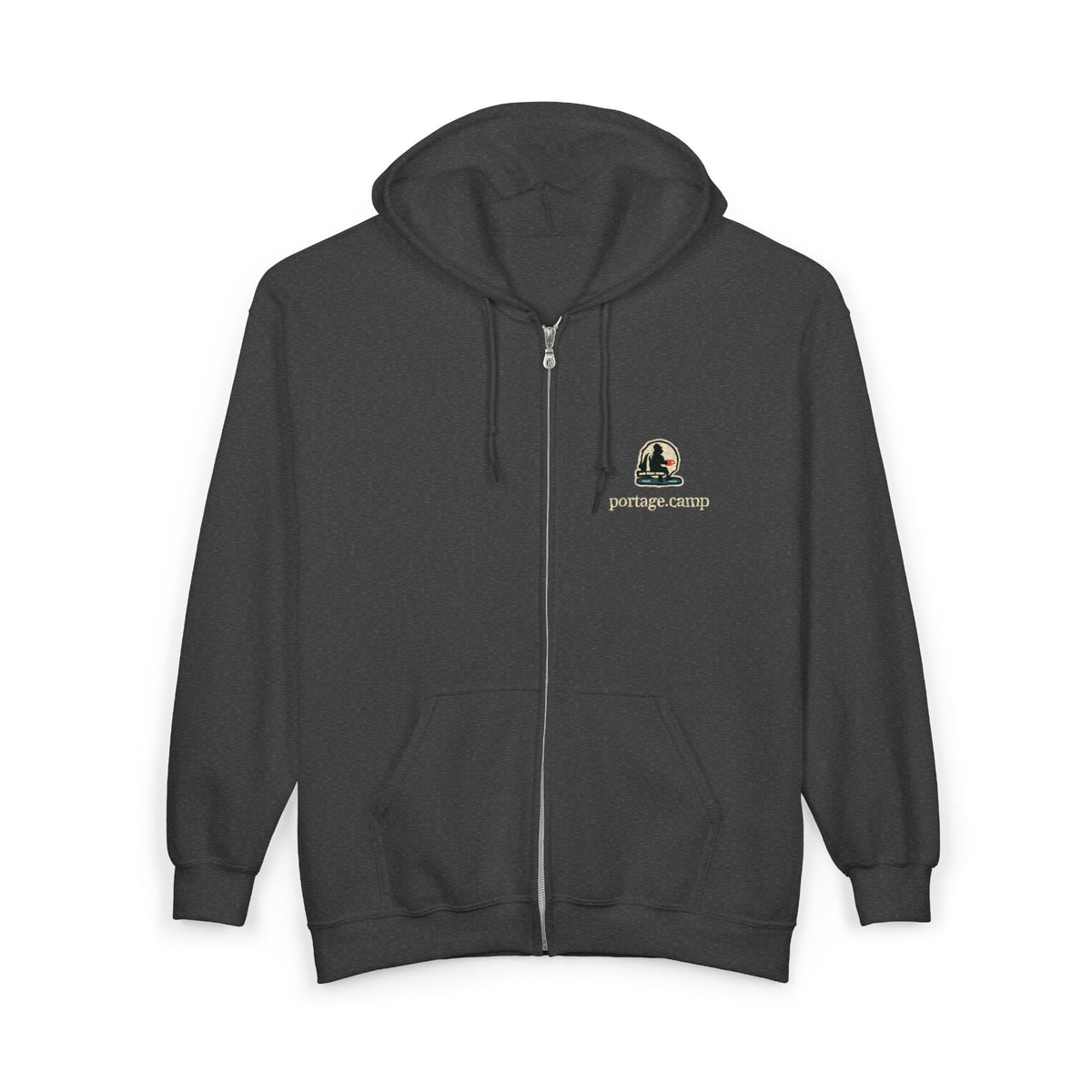 Quiet Hours Zip Hoodie in Dark Heather, front view with the Quiet Hours logo and portage.camp on the left chest. Digital product mockup.