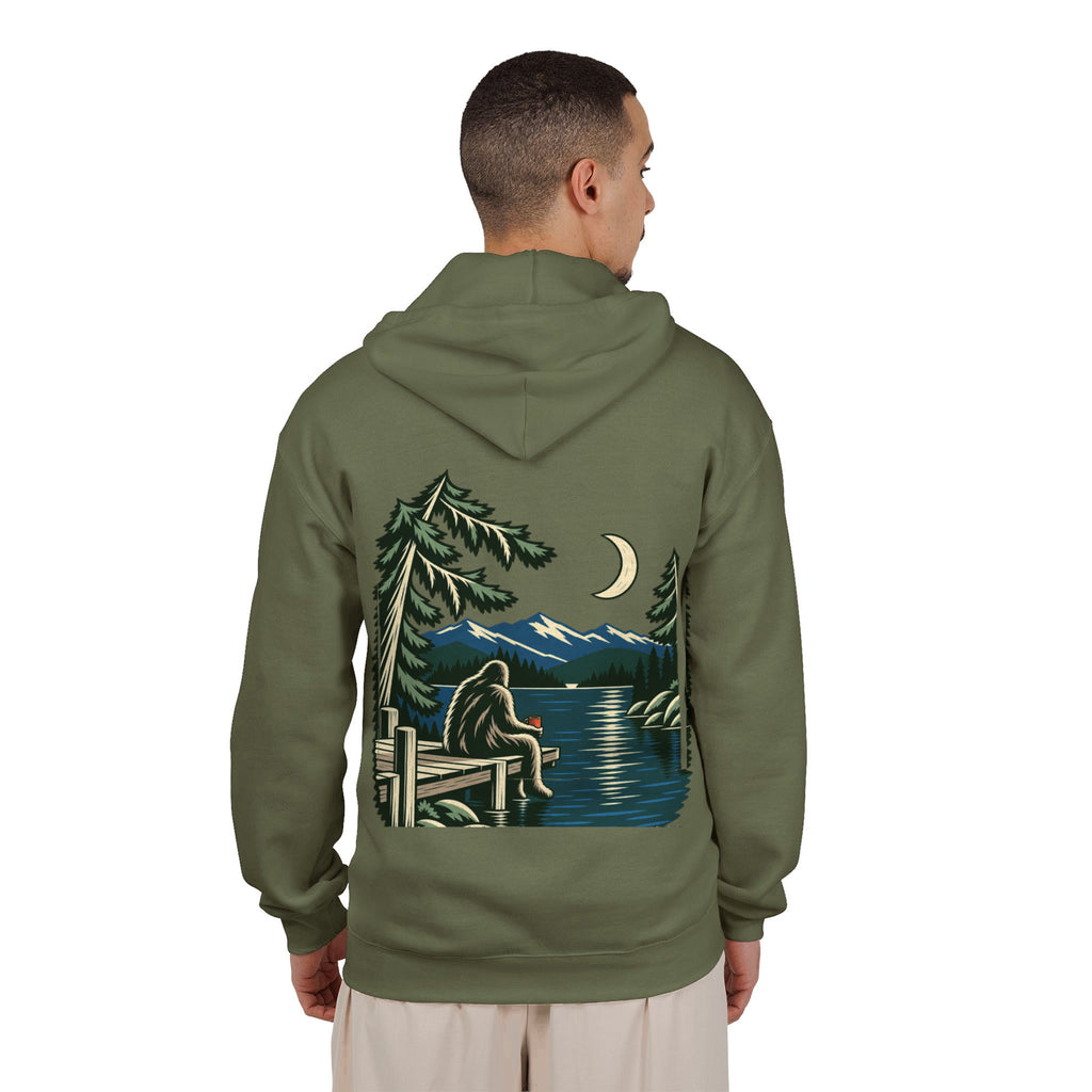 Quiet Hours Zip Hoodie in Military Green, worn by a man seen from behind in a plain white studio, showing the large print on the back. Digital product mockup.
