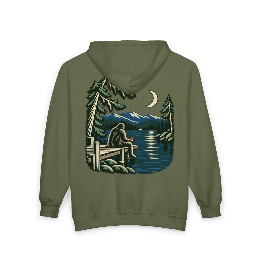 Quiet Hours Zip Hoodie in Military Green, back view with the large illustrated print. Digital product mockup.
