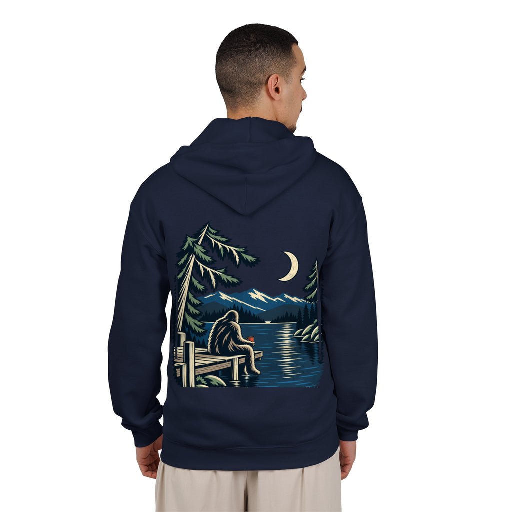 Quiet Hours Zip Hoodie in Navy, worn by a man seen from behind in a plain white studio, showing the large print on the back. Digital product mockup.