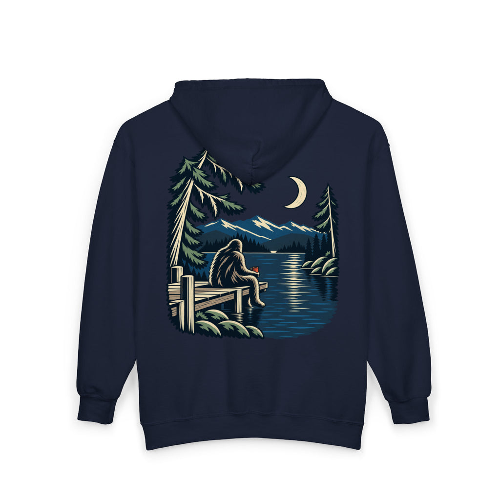 Quiet Hours Zip Hoodie in Navy, back view with the large illustrated print. Digital product mockup.