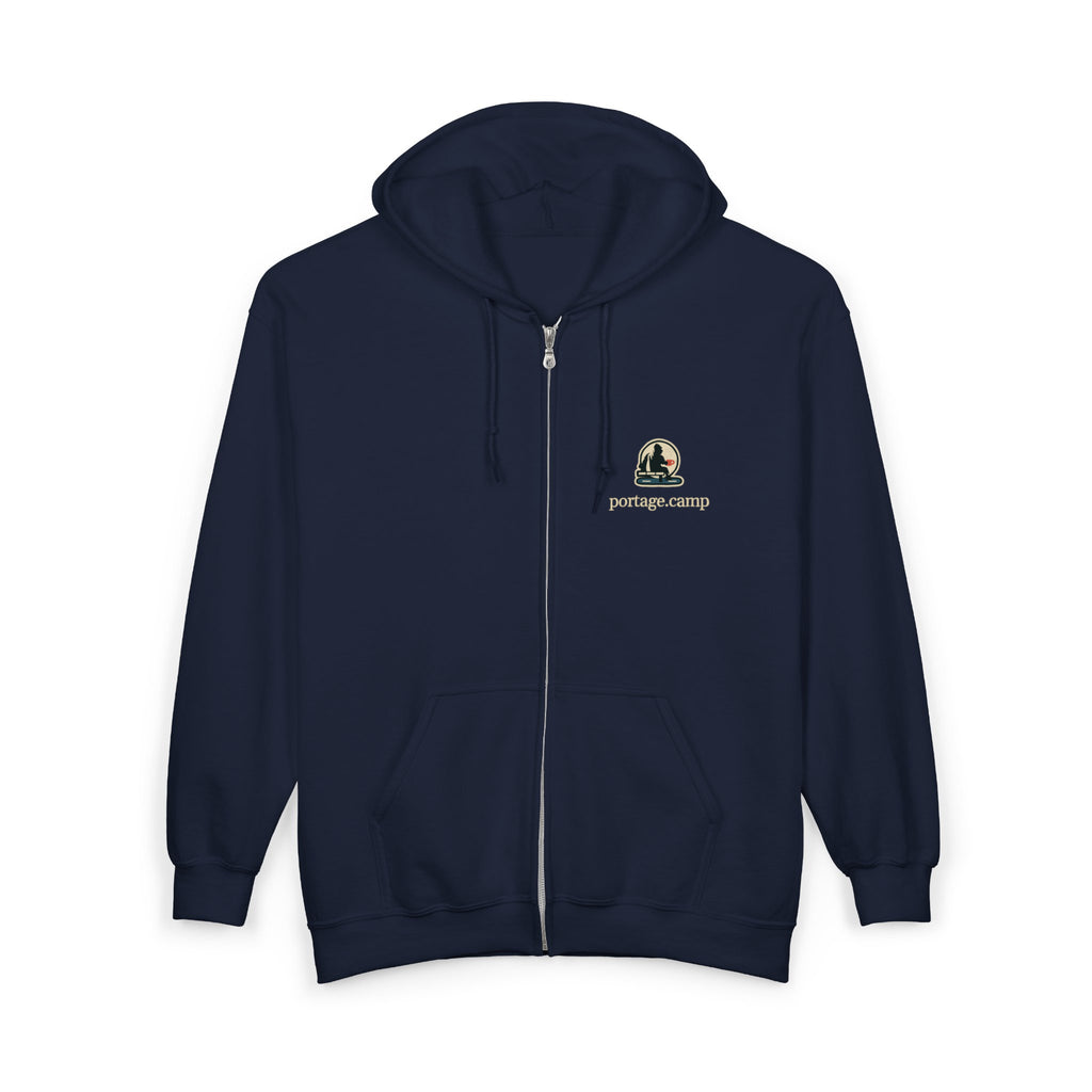 Quiet Hours Zip Hoodie in Navy, front view with the Quiet Hours logo and portage.camp on the left chest. Digital product mockup.