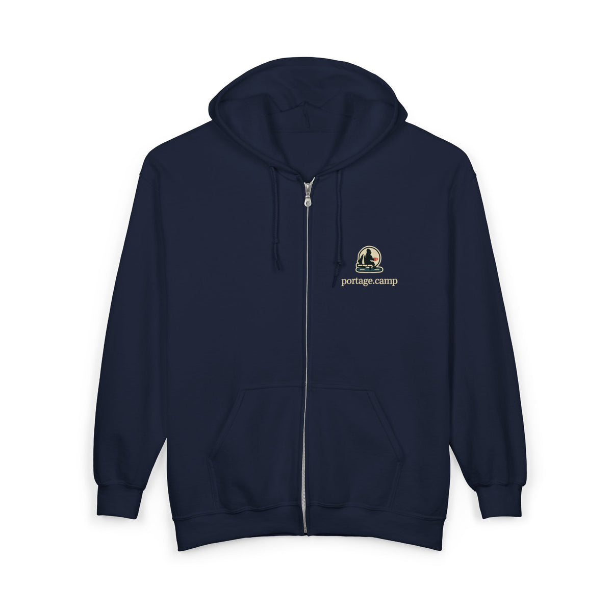 Quiet Hours Zip Hoodie in Navy, front view with the Quiet Hours logo and portage.camp on the left chest. Digital product mockup.
