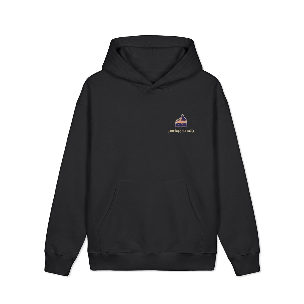 A Different Sky Heavyweight Hoodie in Black, front view with the A Different Sky logo and portage.camp on the left chest. Digital product mockup.