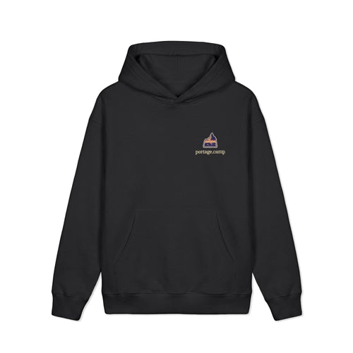 A Different Sky Heavyweight Hoodie in Black, front view with the A Different Sky logo and portage.camp on the left chest. Digital product mockup.