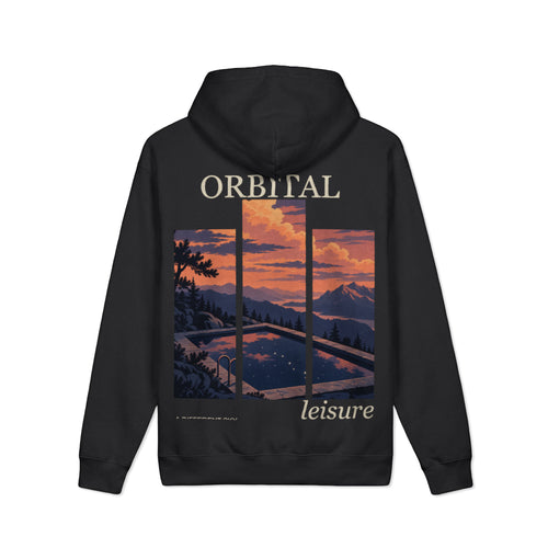 A Different Sky Heavyweight Hoodie in Black, back view with the large illustrated print. Digital product mockup.
