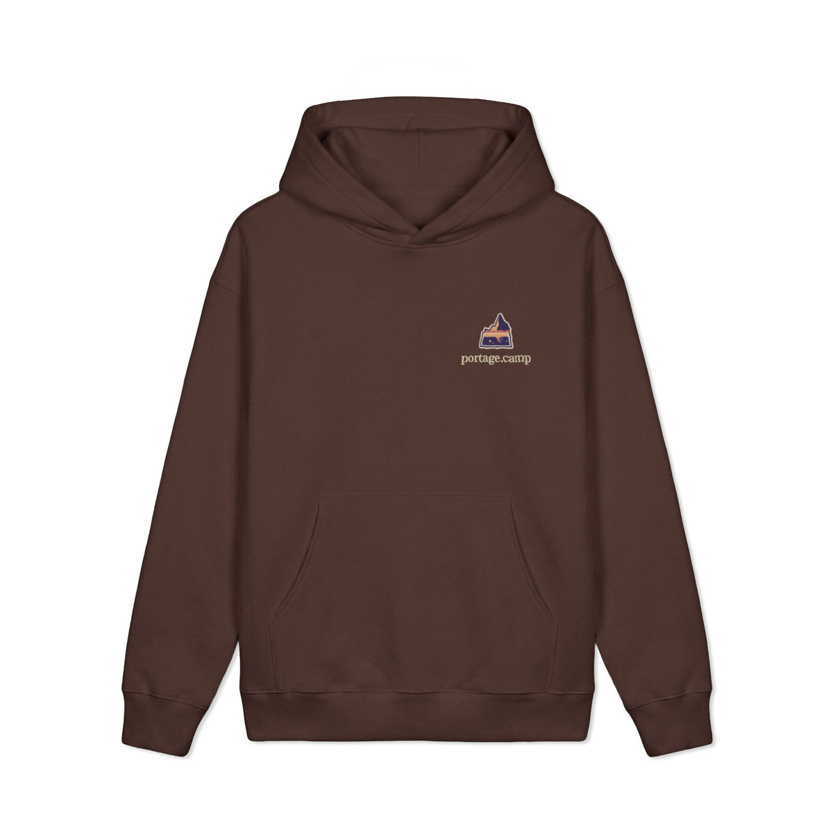 A Different Sky Heavyweight Hoodie in Brown, front view with the A Different Sky logo and portage.camp on the left chest. Digital product mockup.