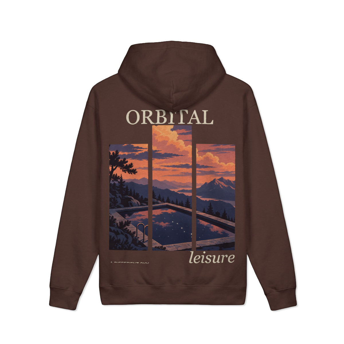 A Different Sky Heavyweight Hoodie in Brown, back view with the large illustrated print. Digital product mockup.