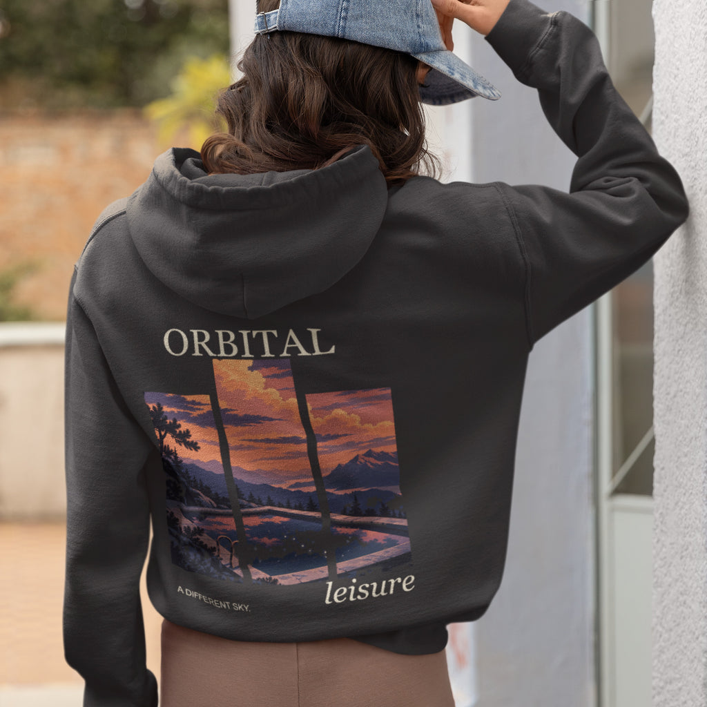 A Different Sky Heavyweight Hoodie in Black, worn by a woman seen from behind at home, showing the large print on the back. Digital product mockup.