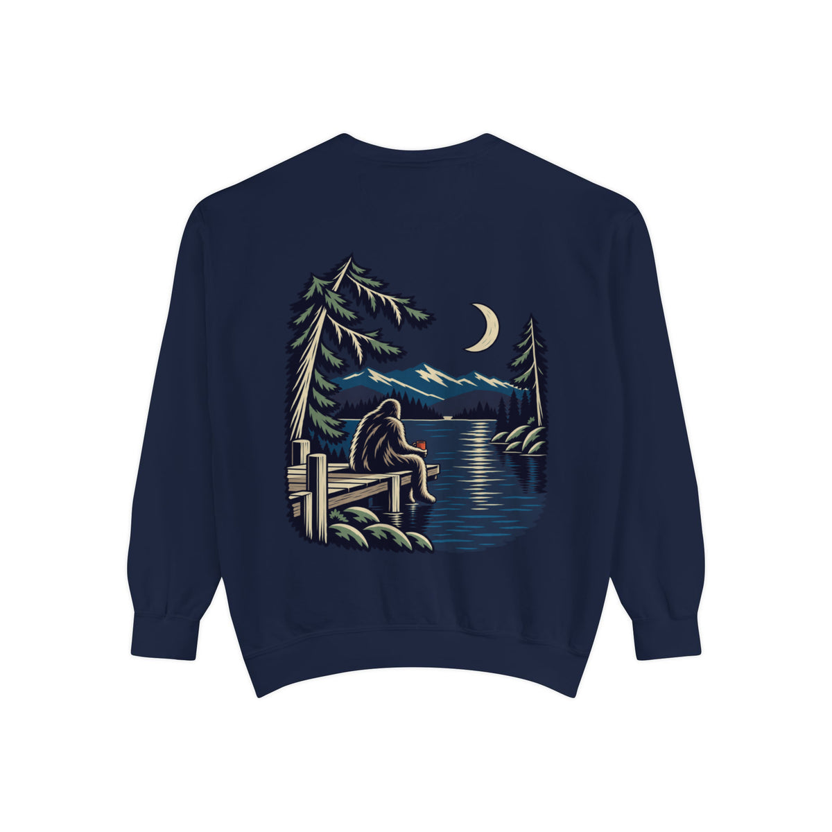 Quiet Hours Garment-Dyed Crewneck in True Navy, back view with the large illustrated print. Digital product mockup.