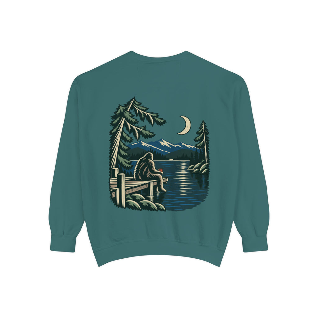 Quiet Hours Garment-Dyed Crewneck in Blue Spruce, back view with the large illustrated print. Digital product mockup.