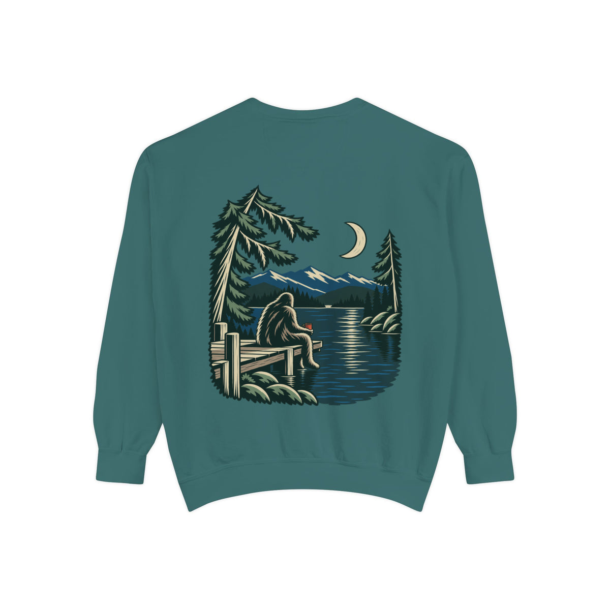 Quiet Hours Garment-Dyed Crewneck in Blue Spruce, back view with the large illustrated print. Digital product mockup.