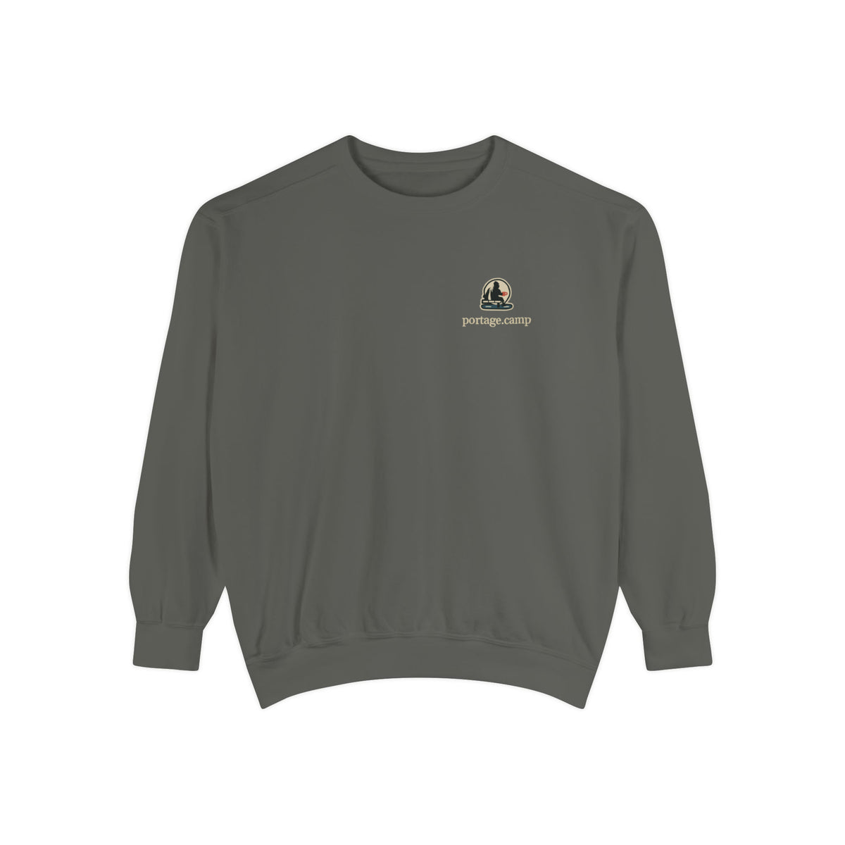 Quiet Hours Garment-Dyed Crewneck in Pepper, front view with the Quiet Hours logo and portage.camp on the chest. Digital product mockup.