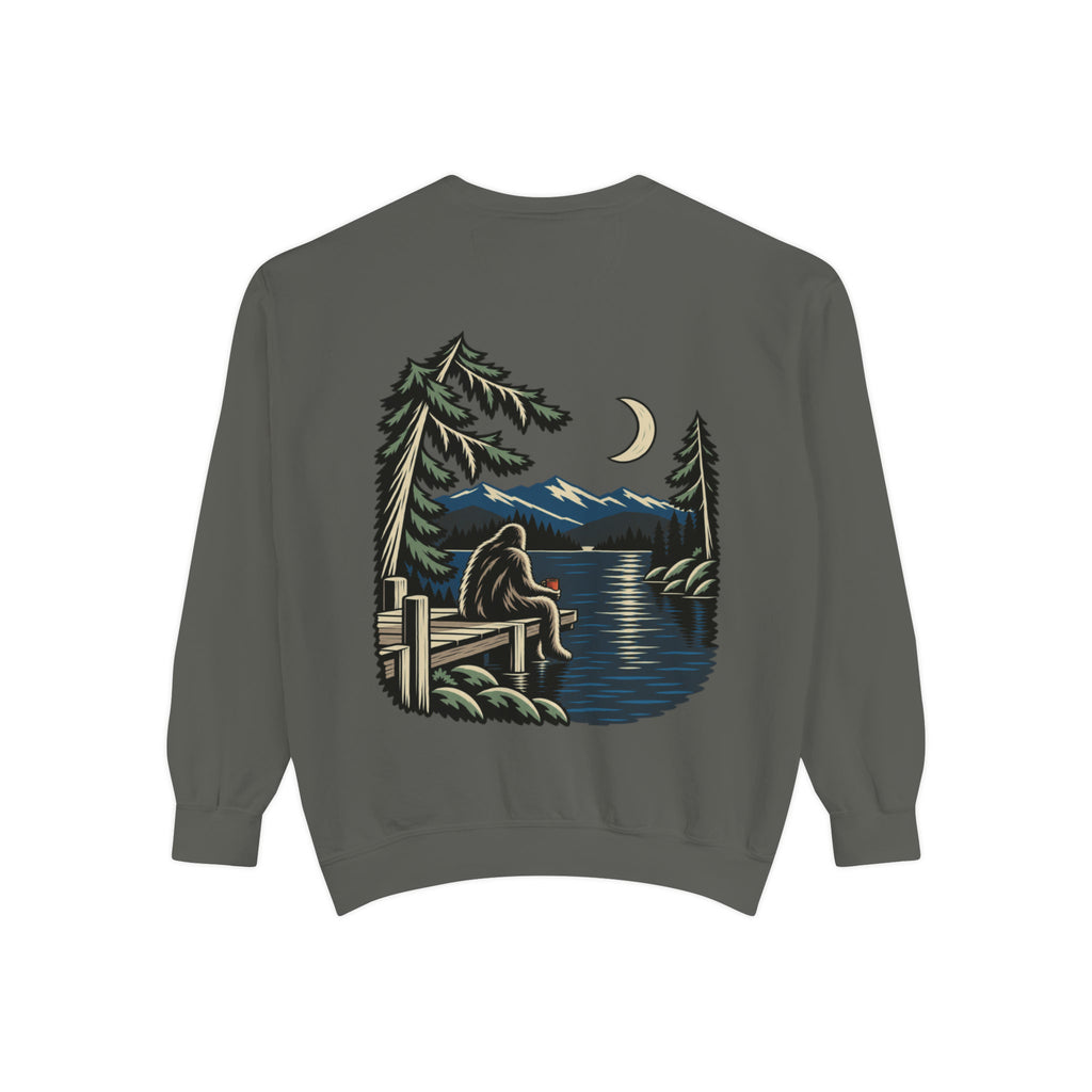 Quiet Hours Garment-Dyed Crewneck in Pepper, back view with the large illustrated print. Digital product mockup.