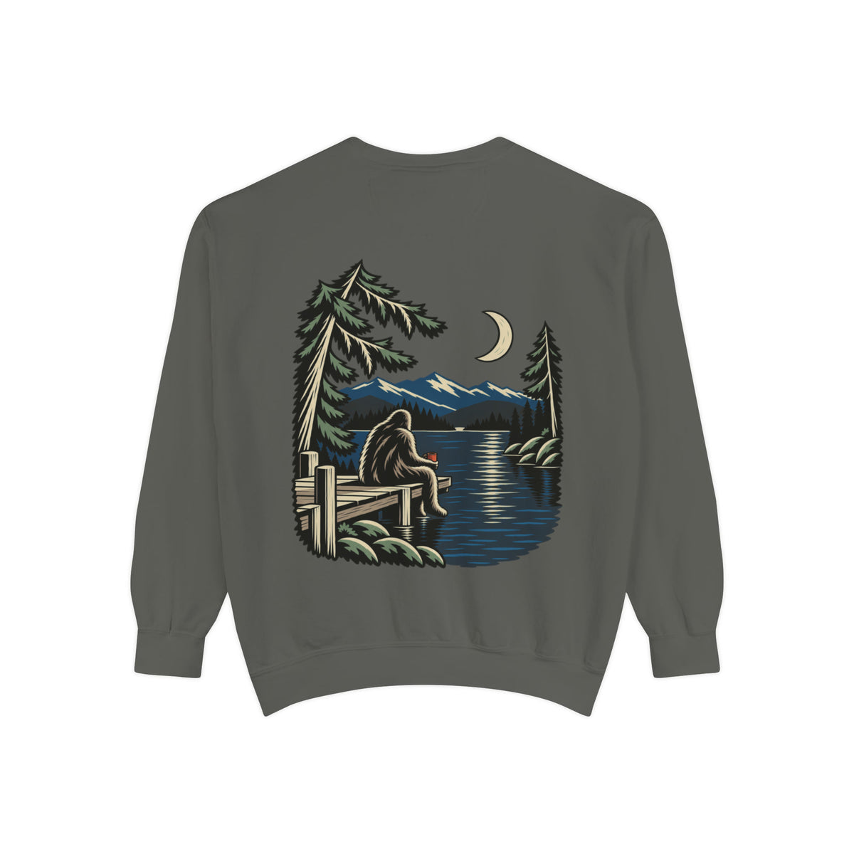 Quiet Hours Garment-Dyed Crewneck in Pepper, back view with the large illustrated print. Digital product mockup.