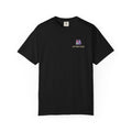 Amethyst After Hours Garment-Dyed Tee in Black, front view with the Amethyst After Hours logo and portage.camp on the chest. Digital product mockup.