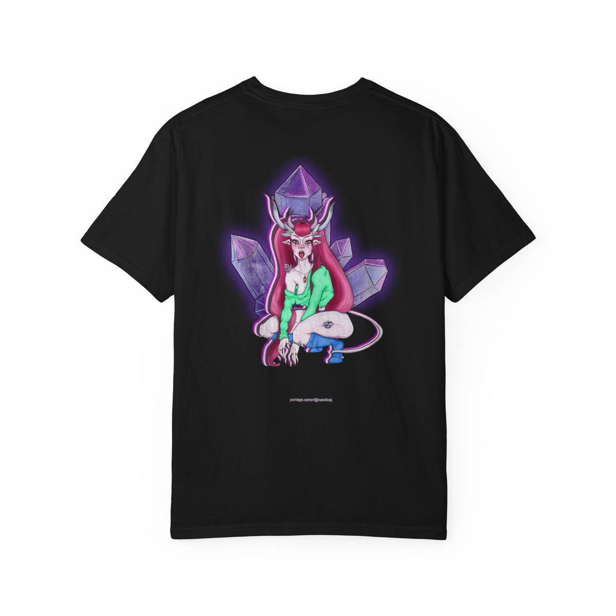 Amethyst After Hours Garment-Dyed Tee in Black, back view with the large illustrated print. Digital product mockup.